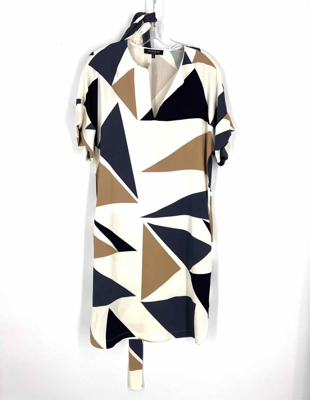 Lafayette 148 Size S Ivory/Navy Triangles Belted Designer Dress